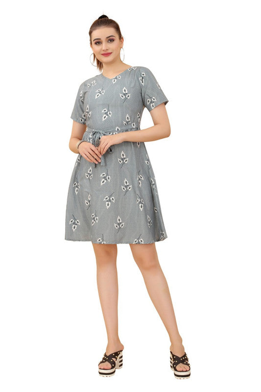 Grey & Multi Coloured Premium Crepe Printed Short Sleeves Round Neck Women Daily wear Western Dress!!