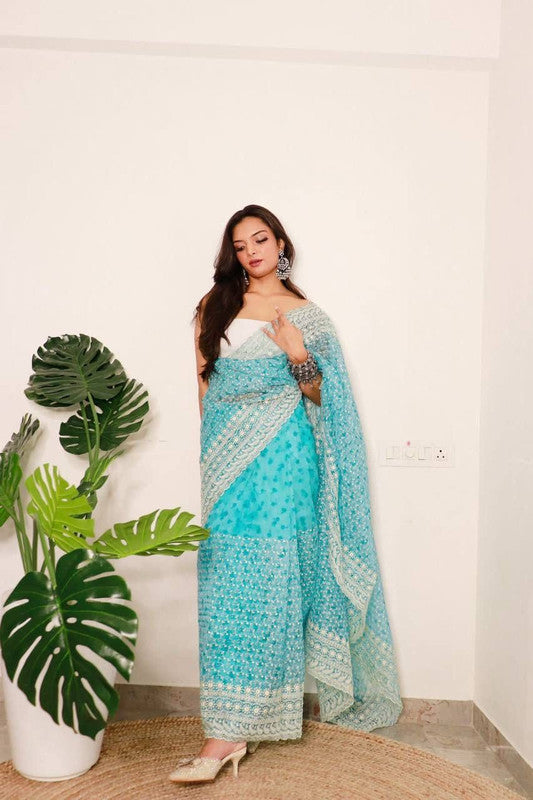 Rama Blue & White Coloured Digital Print Organza Silk with Chikankari Thread work Women Designer Party wear Fancy Organza Silk Saree with Blouse!!