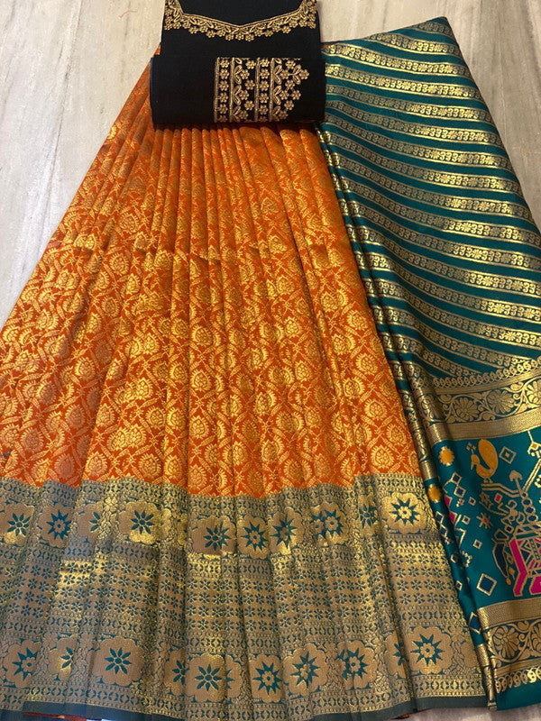 Orange Color Half Saree Lehenga With Golden Weaving Zari and Organza  Dupatta in USA, UK, Malaysia, South Africa, Dubai, Singapore
