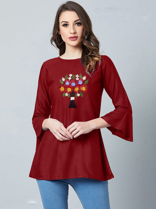 Maroon Coloured Rayon Round Neck Bell Sleeve Designer Top!!