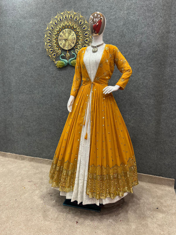 Yellow Faux Georgette with 9mm Embroidery Sequence Work Party wear Gown with Bottom & Koti!!