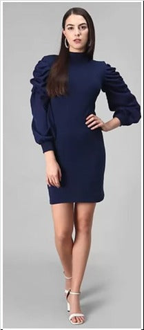 Blue Puff Sleeve Rib Fabric Bodycon Dress Free Size Up to 38inch