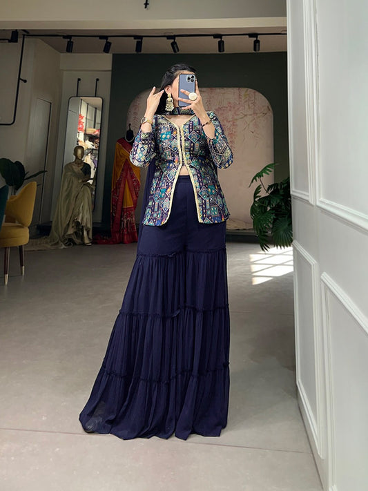 Navy Blue & Multi Coloured Viscose Jacquard Silk with Weaving Work Women Designer Party/Casual wear Kurta with Palazzo & Dupatta!!