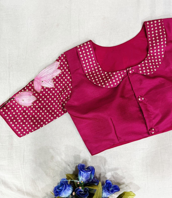 Dark Pink Coloured Pure Silk with Handmade work  Woman Ready made Designer Botique Style Blouse- Free Size Up to 42 Inch!!