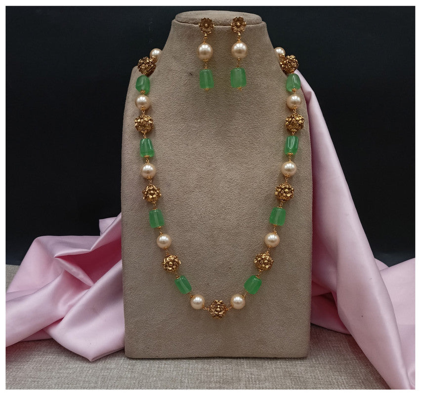 Gold & Green Coloured Pure Brass Real Kundan Gold Plating with Pearls Women Designer Brass Mala Long set with earrings!!