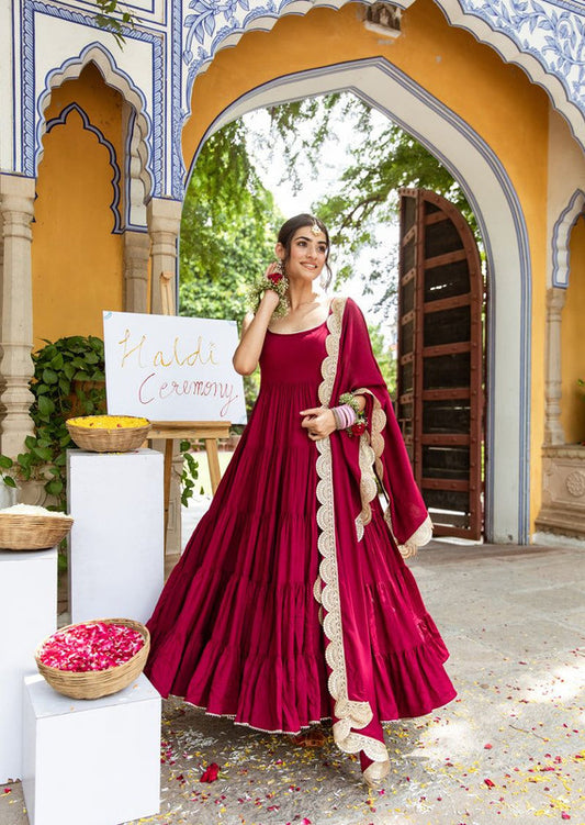 Maroon Coloured Faux Georgette with Ruffle Flair Women Designer Party wear Gown Kurti with Bottom & Embroidery Sequence Work lace Border Dupatta!!