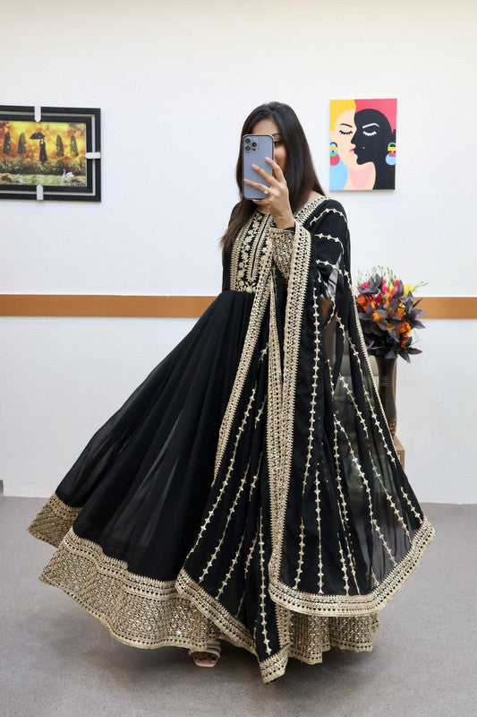 Black Coloured Faux Georgette with Embroidery Sequence Work Women Designer Party wear Gown kurti with Dupatta!!