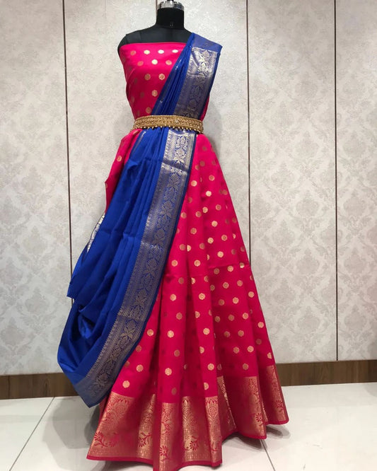 Dark Pink & Blue Coloured Pure Kanjivaram Silk  with Zari Body and Border with Blouse & Pure Banarasi Dupatta Woman Designer Half Saree Lehenga!!