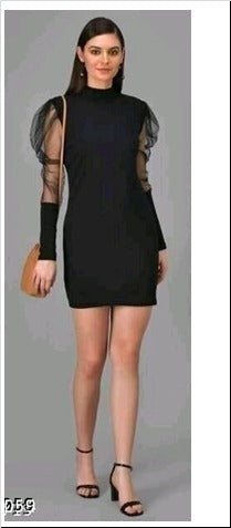 Black Rib Fabric Sheer Sleeves Bodycon Dress Free Size Up to 38inch