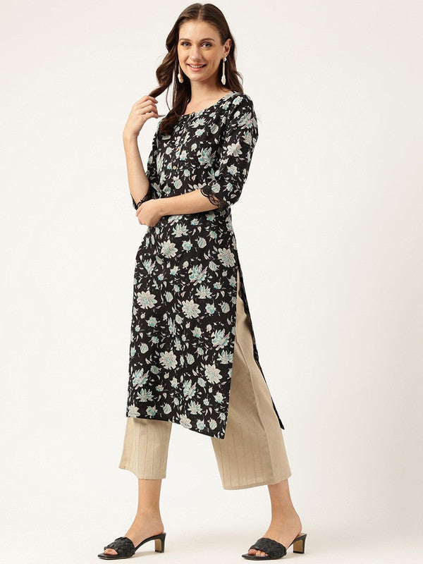 Black Coloured Floral Printed Mirror Work Boat neck 3/4 Sleeves A-line shape Women Designer Party wear Pure Cotton Kurti!!