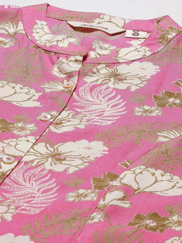 Pink & Beige Floral print, Mandarin collar shirt style top!!