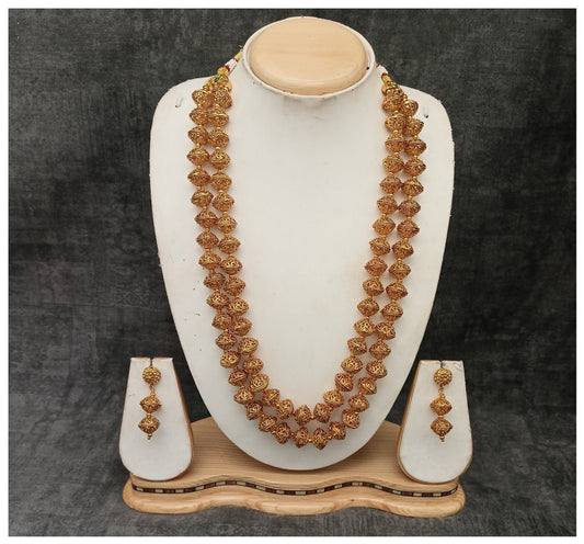 Beautiful Gold Coloured Premium Quality Pure Copper Gold Plating Long Har Mala set with Earrings for Women!!