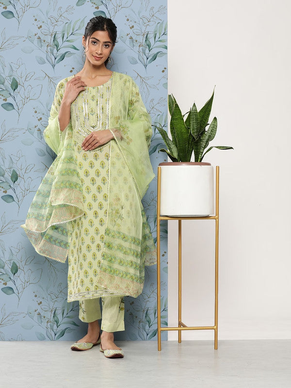 Pista Green Cotton Floral Printed Gotta Patti Straight shape Kurti with Trousers & Dupatta!!