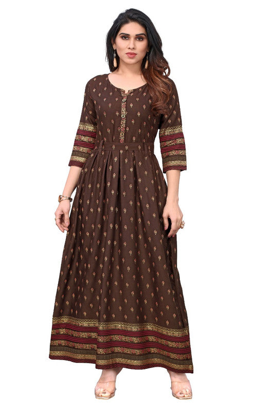 Rayon Foil Gold Printed Gown Kurtis with belt- Roys4627