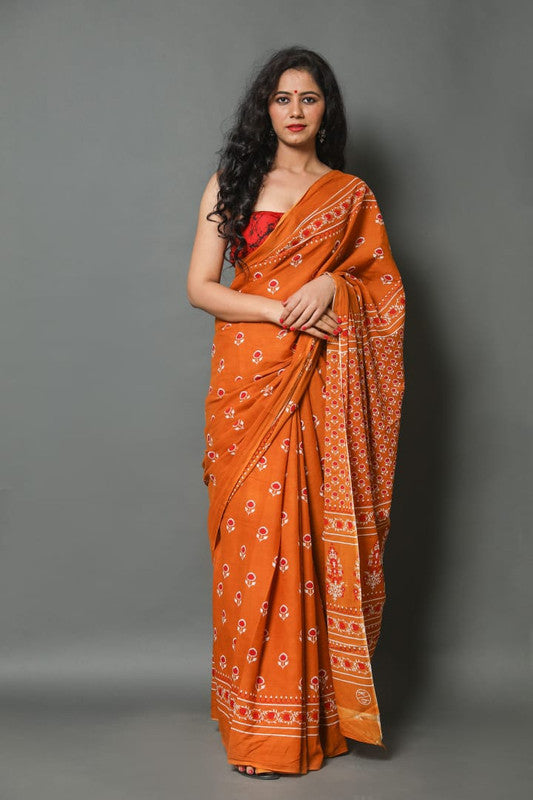 Orange & Red Coloured Beautiful Hand Block printed Women Daily/Party wear Pure Mul Cotton Saree with Blouse!!