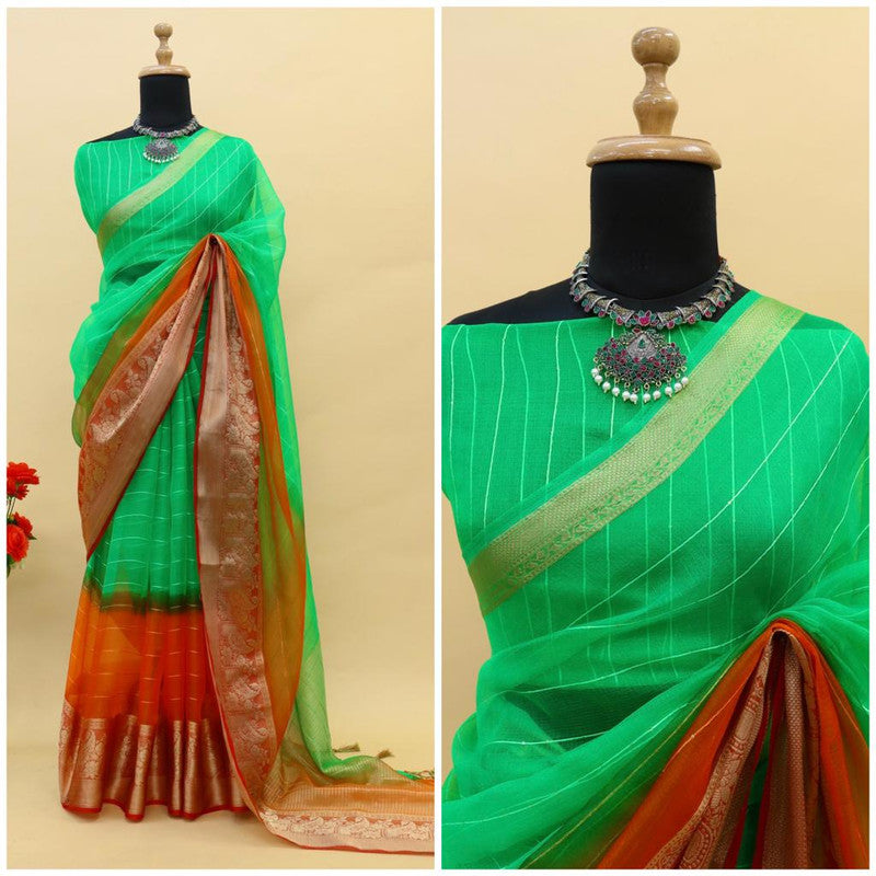 Green & Orange Art Silk Saree With Hand Bandhej Work