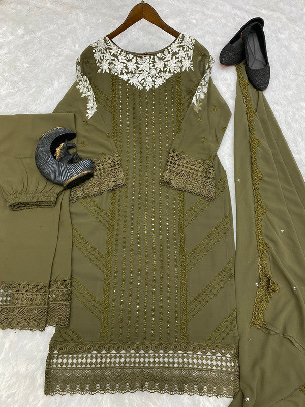 Mehendi Green Coloured Georgette with Sequence Embroidery Work Women Designer Party wear Fully Stitched Suit with Pant & Dupatta!!