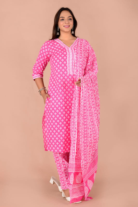 Pink & Off White Coloured Pure Cotton Printed Hand Work Women Fully Stitched Designer Party wear Suit with Pant & Dupatta!!