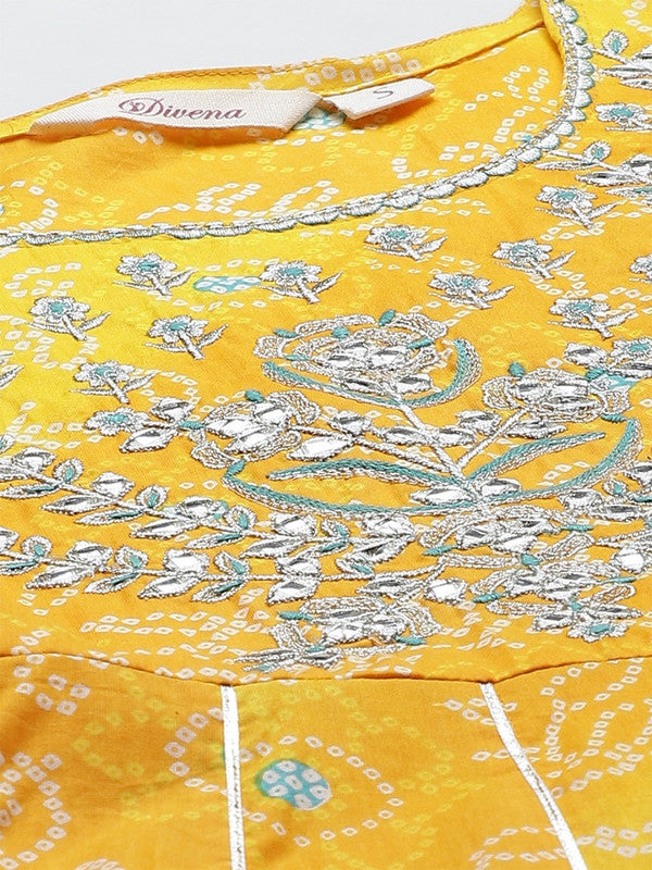 Yellow and white Bandhani printed Anarkali Designer Kurti
