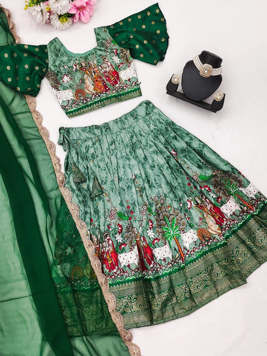 Green & Multi Coloured Premium Soft Zari Silk with Designer Foil-Work & Zari Weaving Girls Lehenga Choli with Dupatta!!