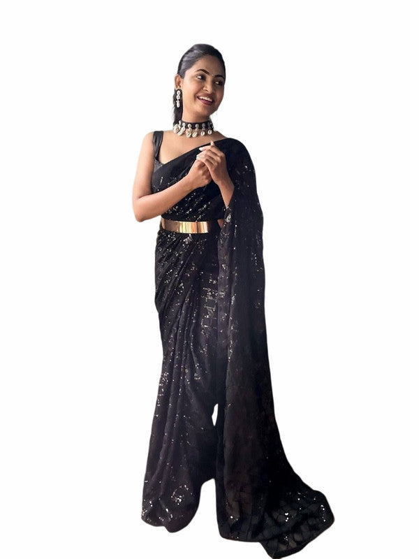 Black Coloured Premium Georgette with Sequence work lace Border with Piping Women Party wear Fancy Ready to wear Saree with Blouse!!