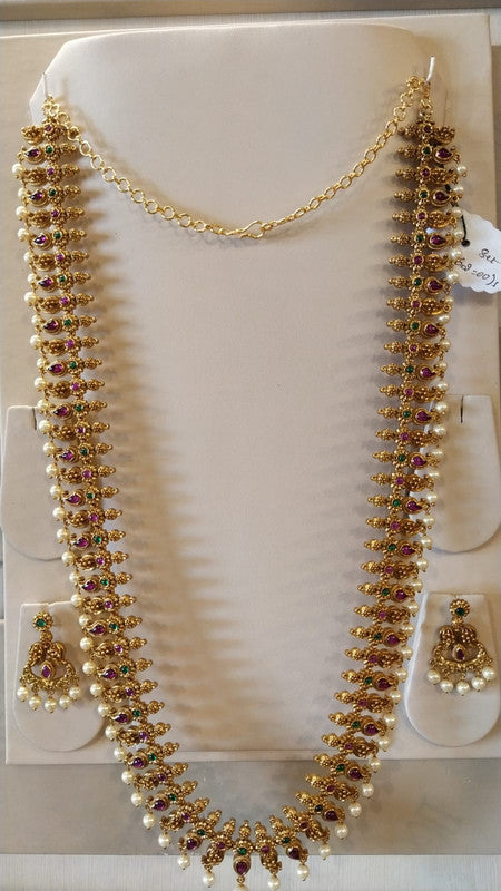 Gold & Multi Coloured Pure Brass with Antique Gold with Multi colour mango design Women Designer Pearl long Hara with Earings set!!