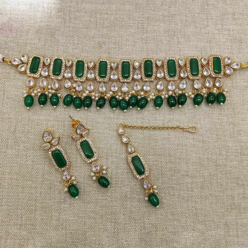 Beautiful Pista Green Gold plating Kundan Jewellery Choker  set with Earrings and Matha Patti!!