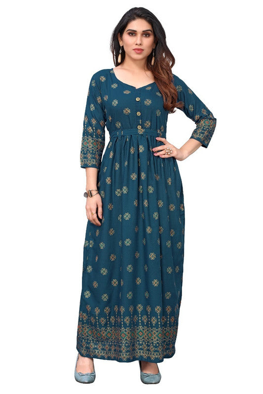 Green Coloured Rayon Gold Foil Printed 3/4 Sleeves Gown Kurti with Belt!!