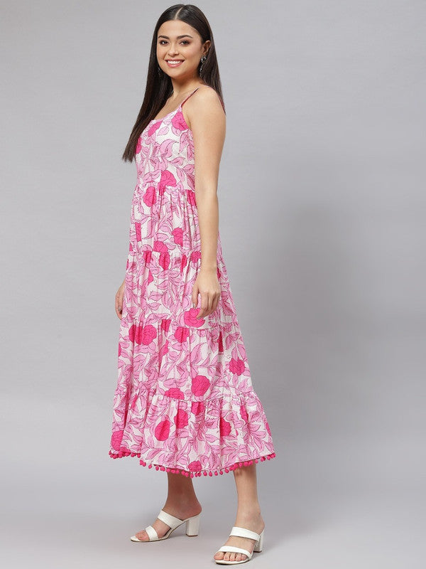 White and pink Pure Cotton Floral Print Midi Dress!!