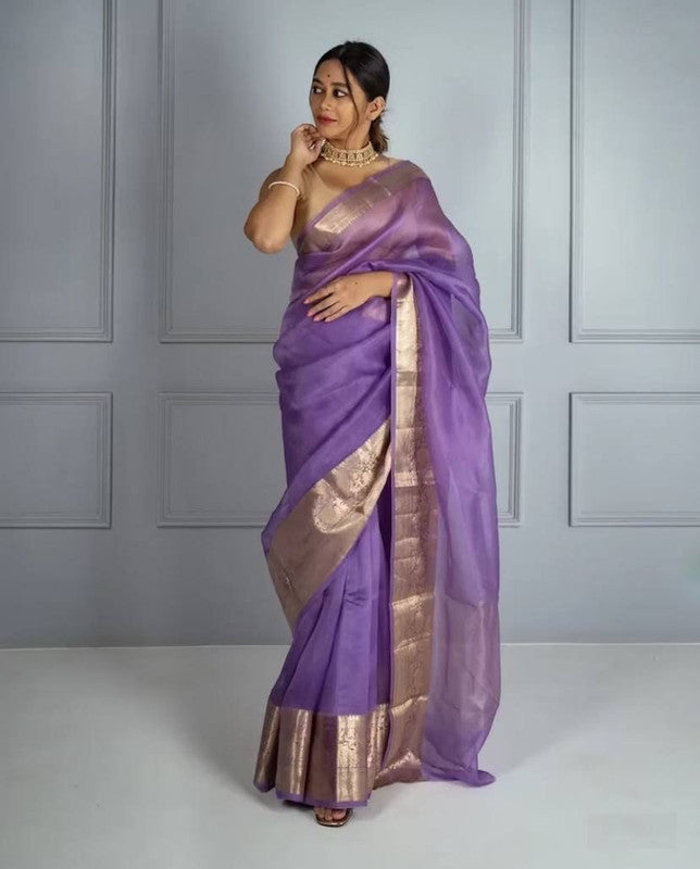 Purple & Gold Coloured Pure Soft Oranza Silk with Antique Real Zari & Rich Pallu Women Party wear Oranza Silk Saree with Blouse!!