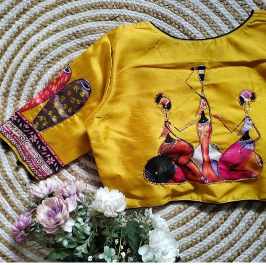 Yellow & Multi Coloured Pure Silk with Digital Printed & Hand work Woman Ready made Designer Botique Style Navaratri Concept Blouse- Free Size Up to 42 Inch!!