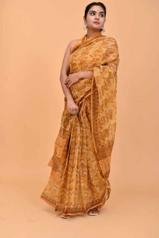 Mustard Yellow & Multi Coloured Kota Doria Cotton with Ajrakh Hand block Print Women Designer Party wear Kota Doria Cotton Saree with Blouse!!