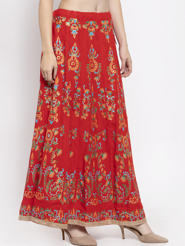 Multi Print Red coloured Rayon Skirt Free Size( 28 to 40 Inch)!!