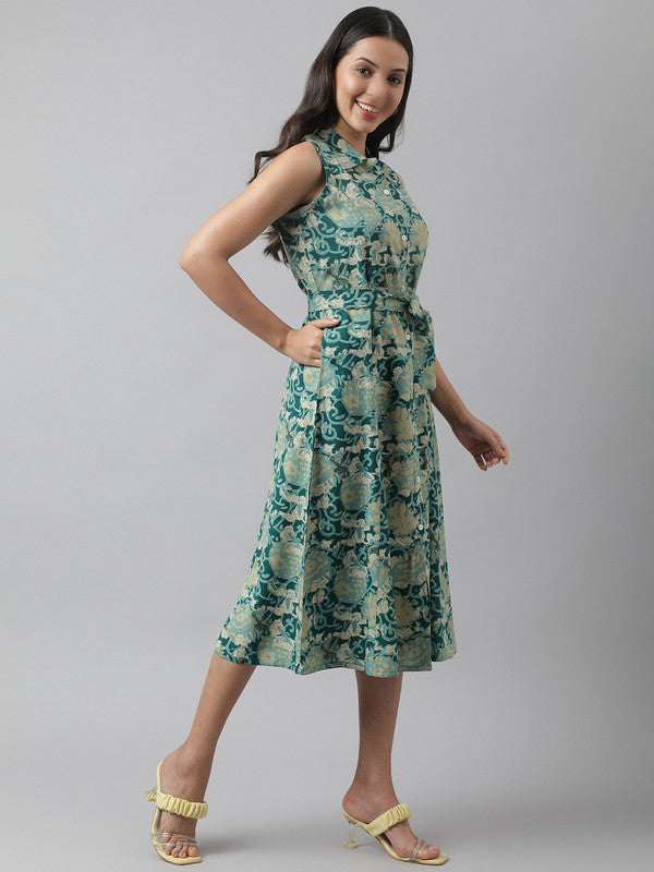 Green Coloured Pure Cotton Floral Printed Shirt collar Sleeveless Women Party/Daily wear Western Midi Dress!!