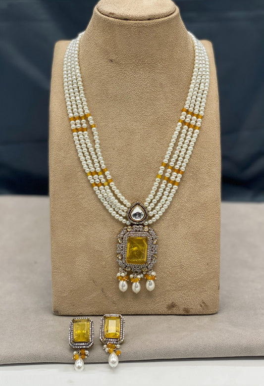 Exclusive Yellow & White Coloured Premium Quality Pure Brass with Pearls Real Victorian set with Earrings for Women!!