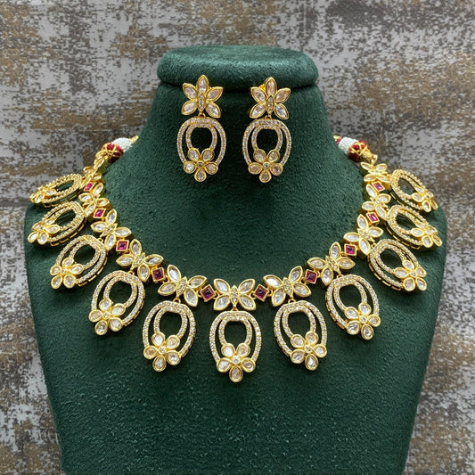 Gold & White Coloured Pure Brass with Real Kundan Women Gold Plated Designer Necklace with Earrings!!
