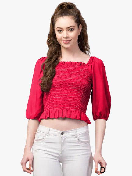 Red Coloured Designer Trendy Crepe Short Top!!