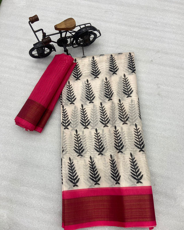 Beige & Multi Coloured Tussar Cotton with Digital Print with weaving Chit (lining) Pallu Women Designer Party /Daily wear Saree with Blouse!!