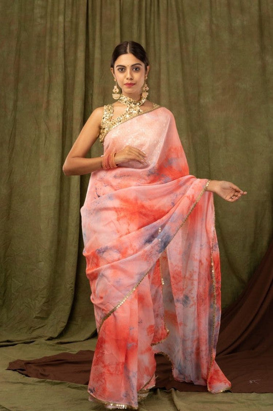 Pink & Multi Coloured Premium Khadi Organza with Digital print Women Party wear Oranza Silk Saree with Blouse!!