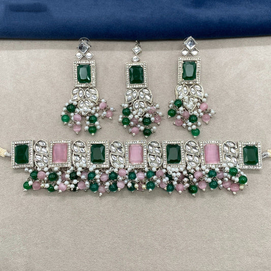 Green & Pink Coloured Premium Silver Plating Real Kundan with Pearls Women Choker set with earrings & Maatha Patti!!