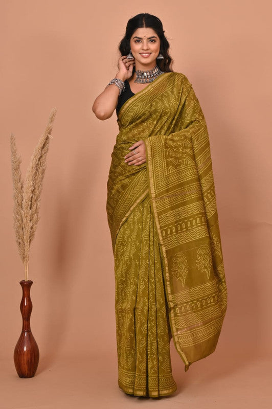 Mehendi Green & Off White Coloured Hand Block Printed Women Designer Party wear Chanderi Cotton Silk Saree with Runnin Blouse!!