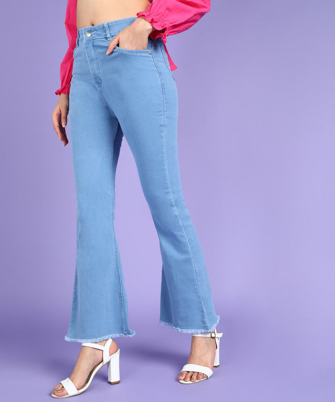 Light Blue Coloured Premium Denim Lycra with Bell Bottom Stretchable Full Length Women Casual/Party wear Bell Bottom Jeans!!