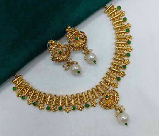 Gold & Green Coloured Pure Brass & Copper Beauitfully Crafted Women One Gram Gold Designer Necklace with Earrings!!
