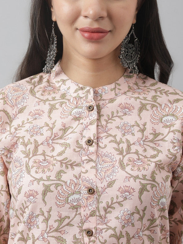 Pink & Multi Coloured Floral Printed Shirt collar Three-quarter Roll-up Sleeves Women Designer Party/Daily wear Cotton Pathani Shape Kurti!!