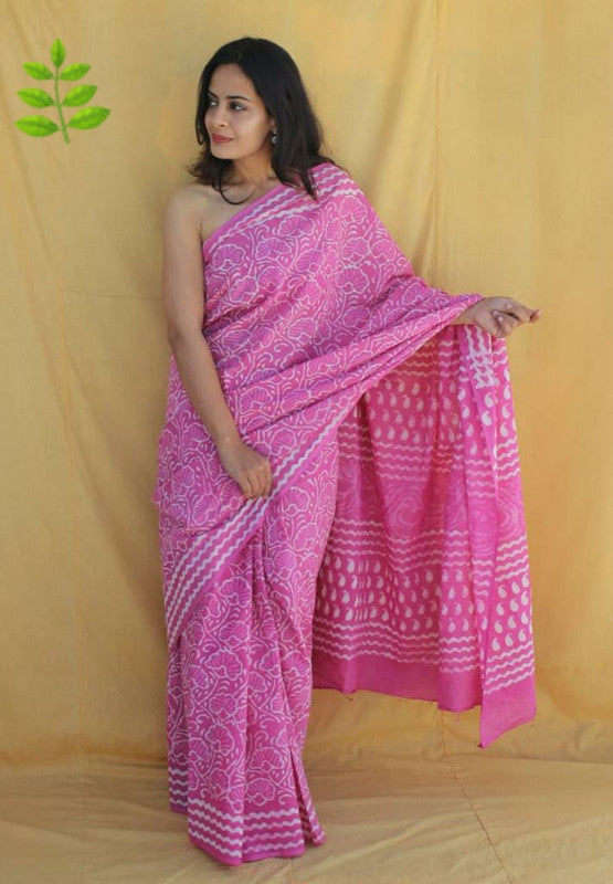 Pink & White Coloured Pure Cotton Beautiful Hand Block printed Women Daily/Party wear Saree with Blouse!!