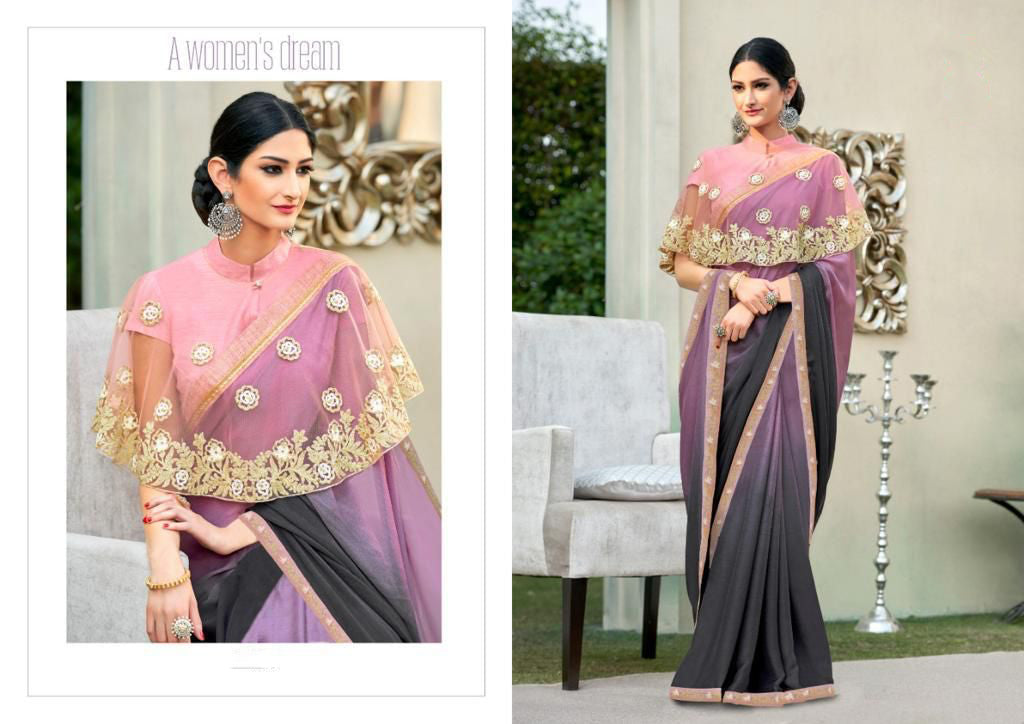 Pink & Balck Cadbury Chiffon Designer Saree with Double Blouse( 1. Plain Silk Blouse 2. Poncho Blouse)!!