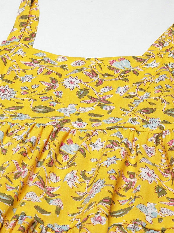 Yellow Pure Cotton Floral Print Midi Dress!!