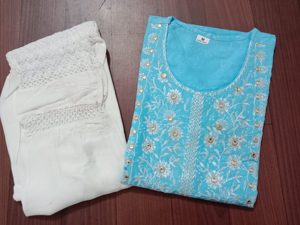 Beautiful Fully Stitched Embroidery Kurti  with  Lace work pant !!