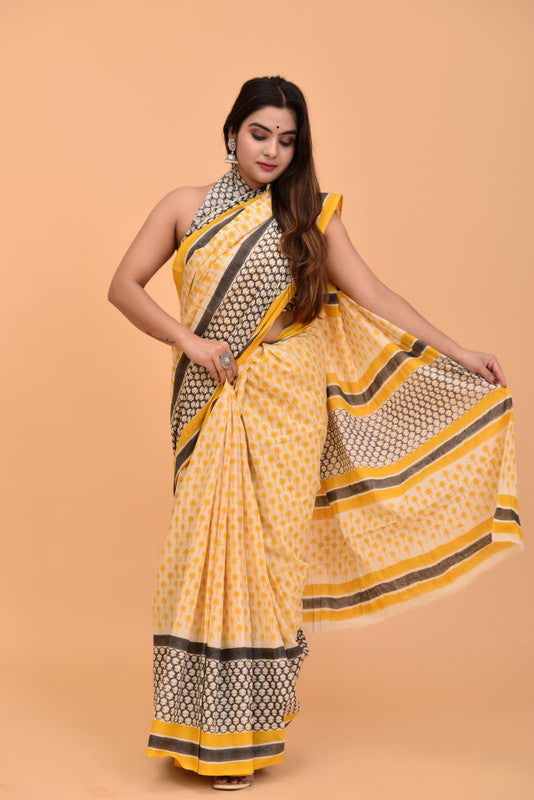 Mustard Yellow & Grey Coloured Pure Cotton with Beautiful Hand Block Printed Women Party/Daily wear Designer Cotton Saree with Blouse!!