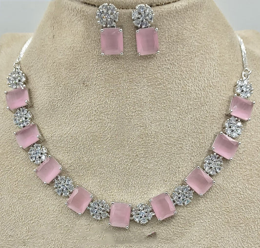 Light Pink & White Coloured Premium American Diamonds Real Kundan Women Designer Necklace Set with Earrings!!